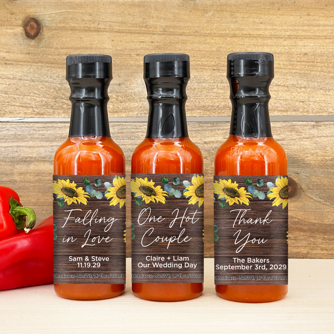Hot Sauce Wedding Favors, Rustic Sunflower Themed Hot Sauce, 1.7 oz bottle of hot sauce