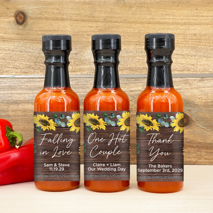 Hot Sauce Wedding Favors, Rustic Sunflower Themed Hot Sauce, 1.7 oz bottle of hot sauce
