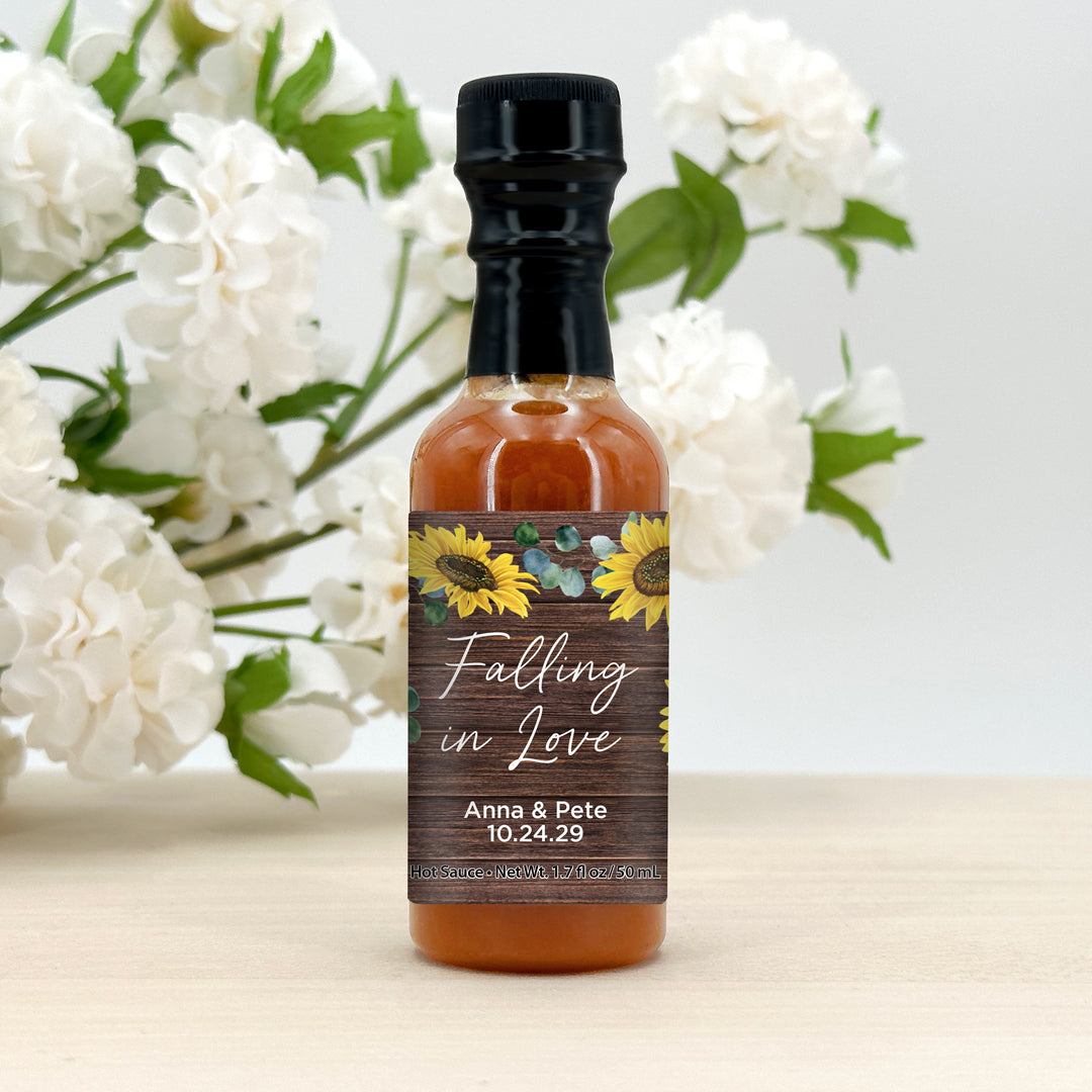 Hot Sauce Wedding Favors, Rustic Sunflower Themed Hot Sauce, 1.7 oz bottle of hot sauce