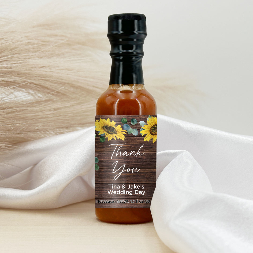 Hot Sauce Wedding Favors, Rustic Sunflower Themed Hot Sauce, 1.7 oz bottle of hot sauce