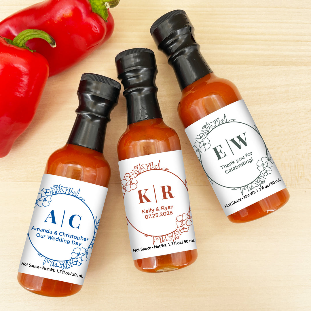 Hot Sauce Wedding Favors, Floral Line Drawing, 1.7 oz bottle of hot sauce