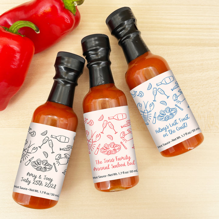 Hot Sauce Wedding Favors, Coastal Party, Oyster Roast, Hand Drawn Seafood Pattern Sketch, 1.7 oz bottle of hot sauce