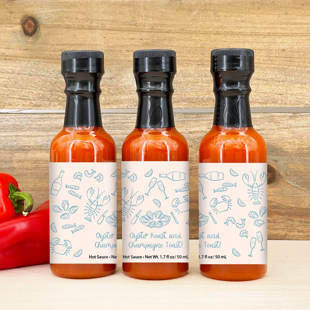 Hot Sauce Wedding Favors, Coastal Party, Oyster Roast, Hand Drawn Seafood Pattern Sketch, 1.7 oz bottle of hot sauce