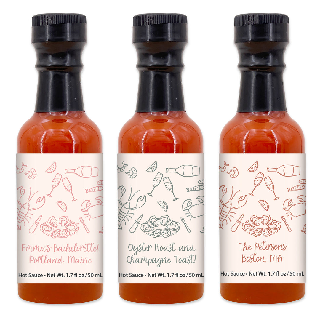 Hot Sauce Wedding Favors, Coastal Party, Oyster Roast, Hand Drawn Seafood Pattern Sketch, 1.7 oz bottle of hot sauce