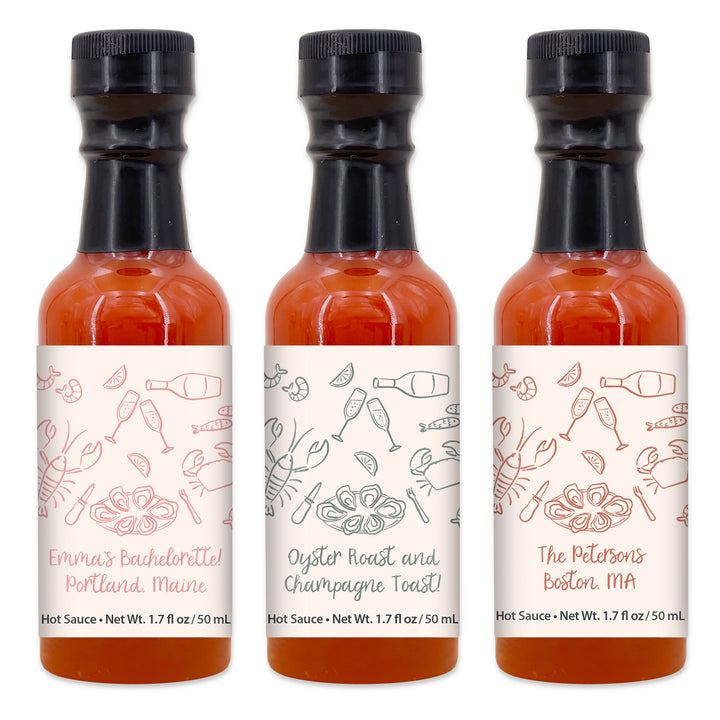 Hot Sauce Wedding Favors, Coastal Party, Oyster Roast, Hand Drawn Seafood Pattern Sketch, 1.7 oz bottle of hot sauce