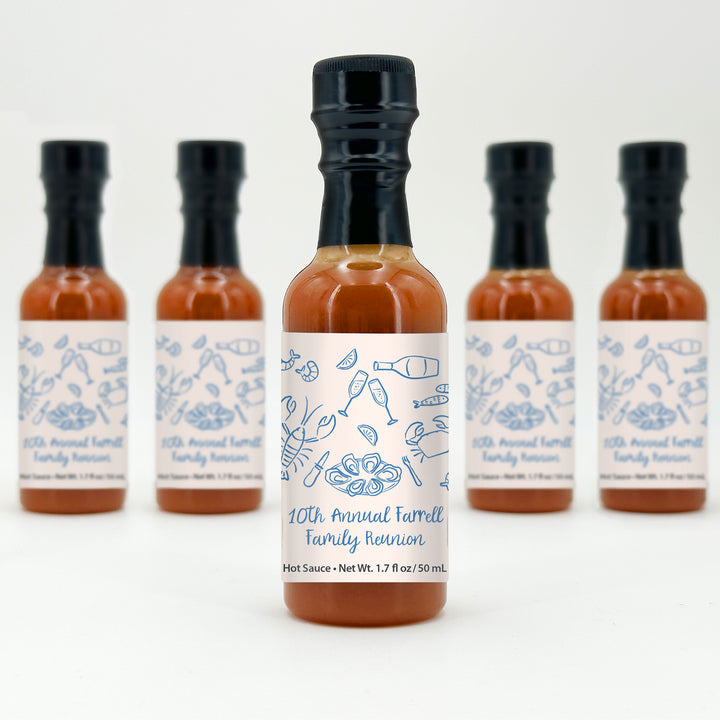 Hot Sauce Wedding Favors, Coastal Party, Oyster Roast, Hand Drawn Seafood Pattern Sketch, 1.7 oz bottle of hot sauce