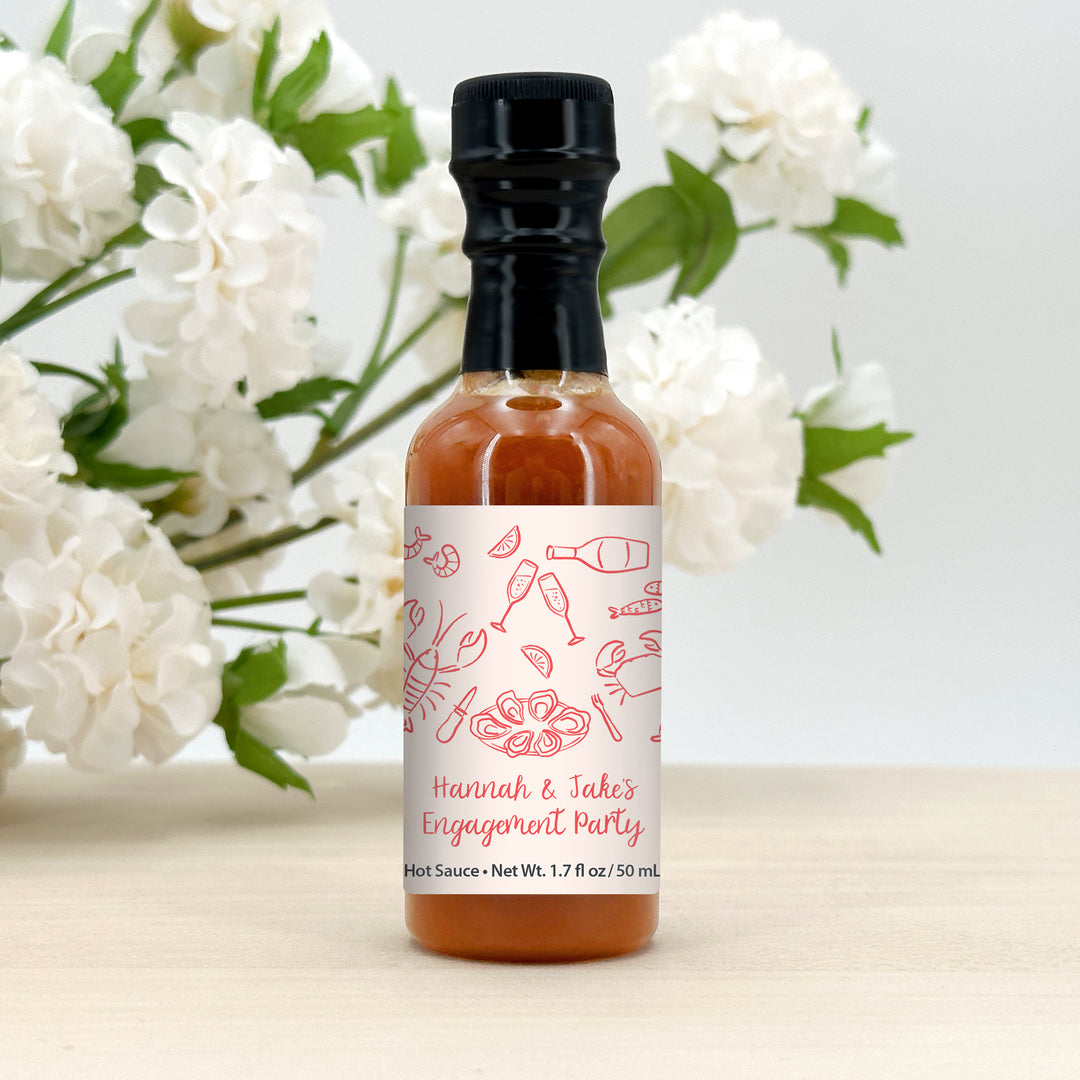Hot Sauce Wedding Favors, Coastal Party, Oyster Roast, Hand Drawn Seafood Pattern Sketch, 1.7 oz bottle of hot sauce