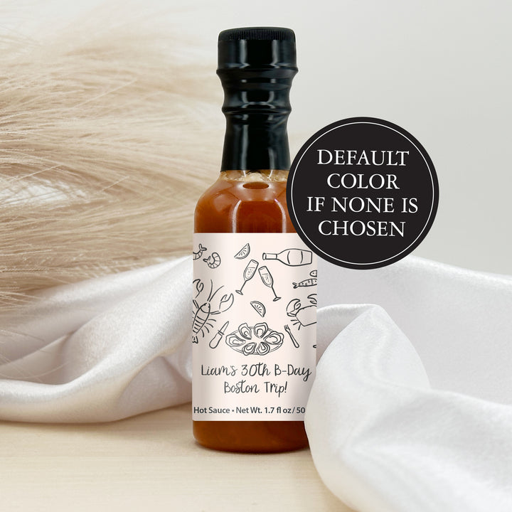 Hot Sauce Wedding Favors, Coastal Party, Oyster Roast, Hand Drawn Seafood Pattern Sketch, 1.7 oz bottle of hot sauce