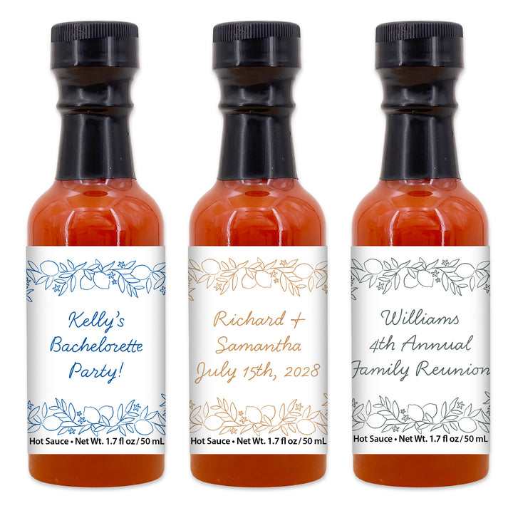 Hot Sauce Wedding Favors, Amalfi Coast Sketch Pattern, Hand Drawn Mediterranean Floral, 1.7 oz bottle of hot sauce