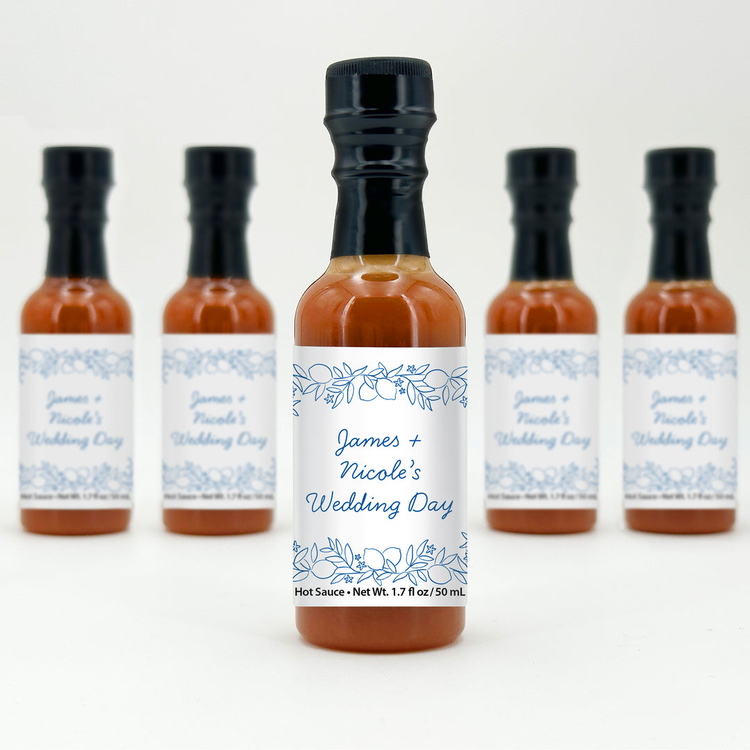 Hot Sauce Wedding Favors, Amalfi Coast Sketch Pattern, Hand Drawn Mediterranean Floral, 1.7 oz bottle of hot sauce