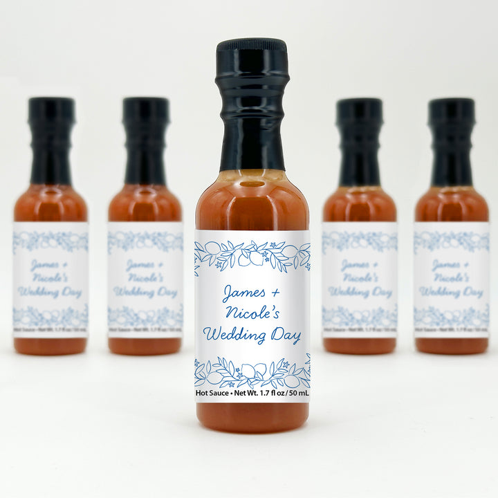 Hot Sauce Wedding Favors, Amalfi Coast Sketch Pattern, Hand Drawn Mediterranean Floral, 1.7 oz bottle of hot sauce