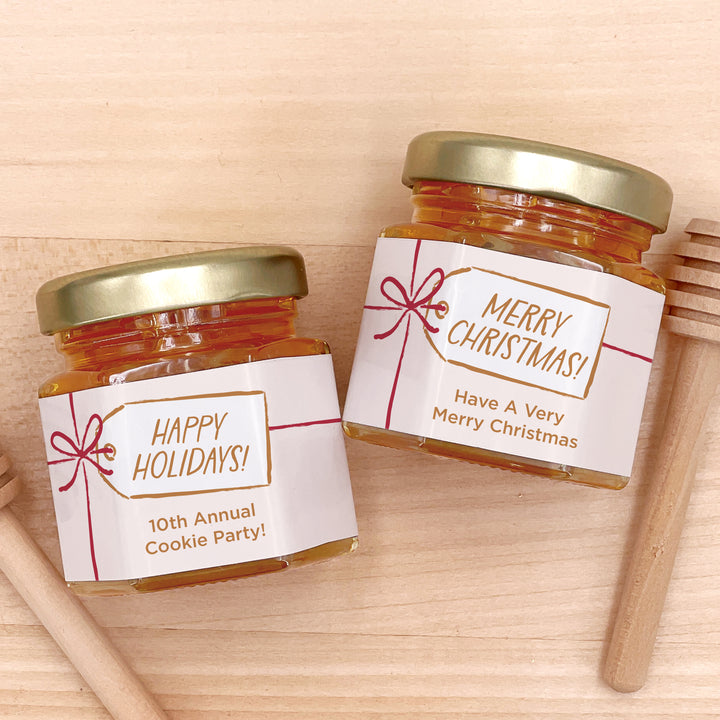 Christmas Honey Jar Favors, Christmas Party Favors, Stocking Stuffer Ideas, Ribbon Bow Gift Tag