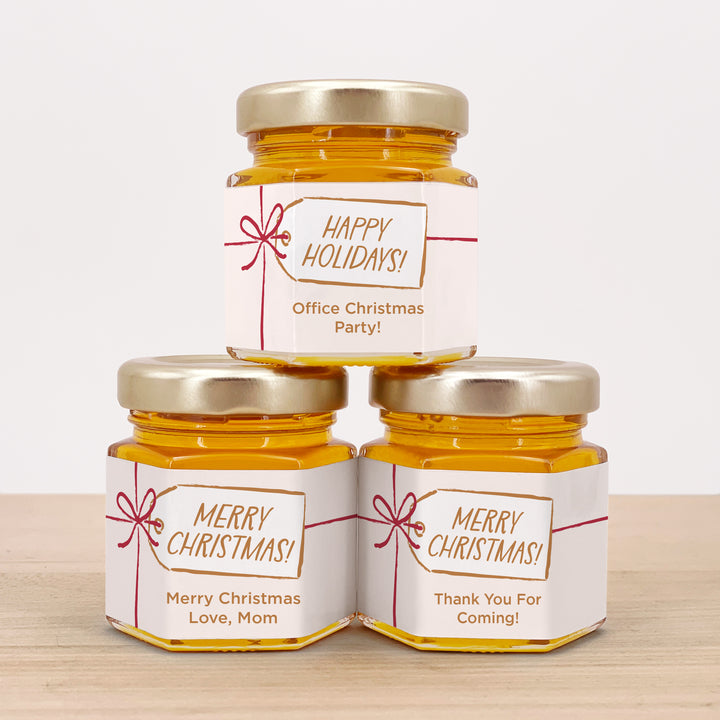 Christmas Honey Jar Favors, Christmas Party Favors, Stocking Stuffer Ideas, Ribbon Bow Gift Tag