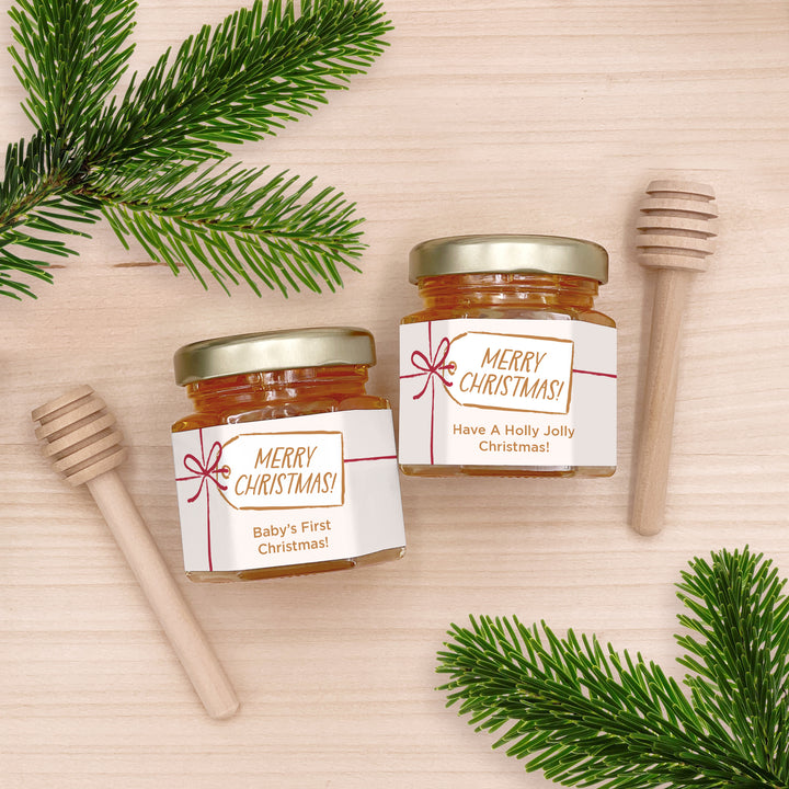 Christmas Honey Jar Favors, Christmas Party Favors, Stocking Stuffer Ideas, Ribbon Bow Gift Tag