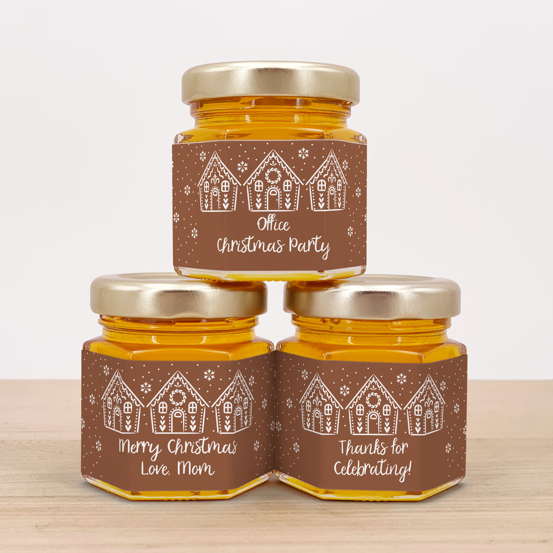Christmas Honey Jar Favors, Christmas Party Favors, Stocking Stuffer Ideas, Gingerbread Houses
