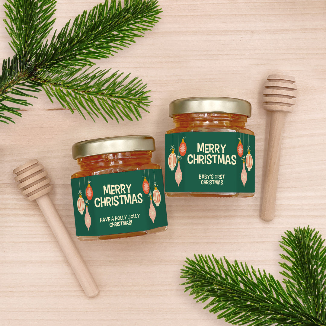 Honey Jar Christmas Party Gifts, Holiday Favors, Corporate Gift Idea, Mid-Century Christmas Honey