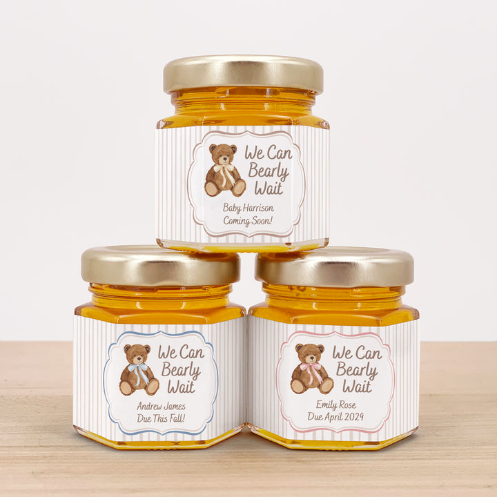 We Can Bearly Wait, Watercolor Bear, Baby Shower Honey Jars