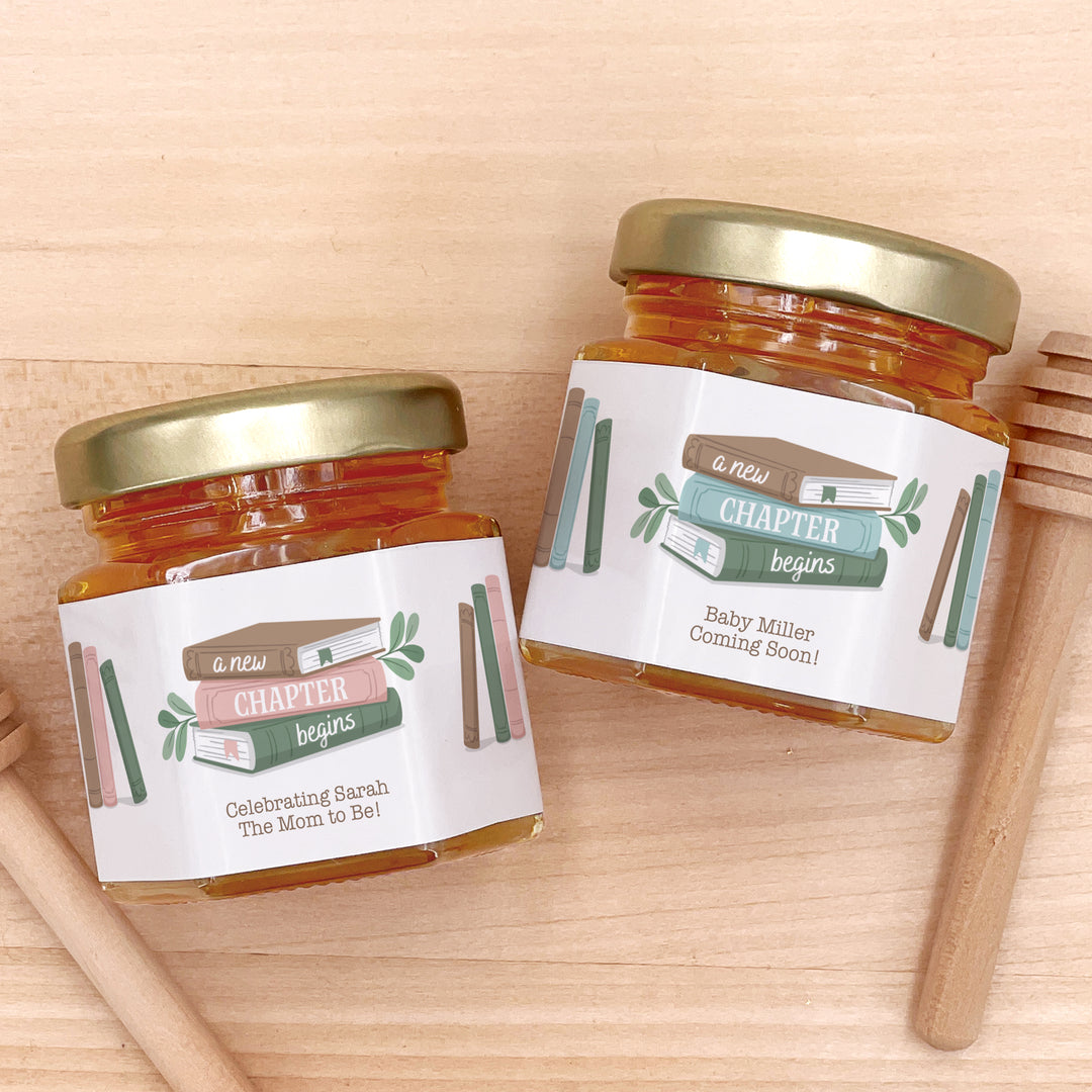 Mini Honey Jar Baby Shower Favors, Book Themed Baby Shower, A New Chapter Begins Themed Baby Sprinkle
