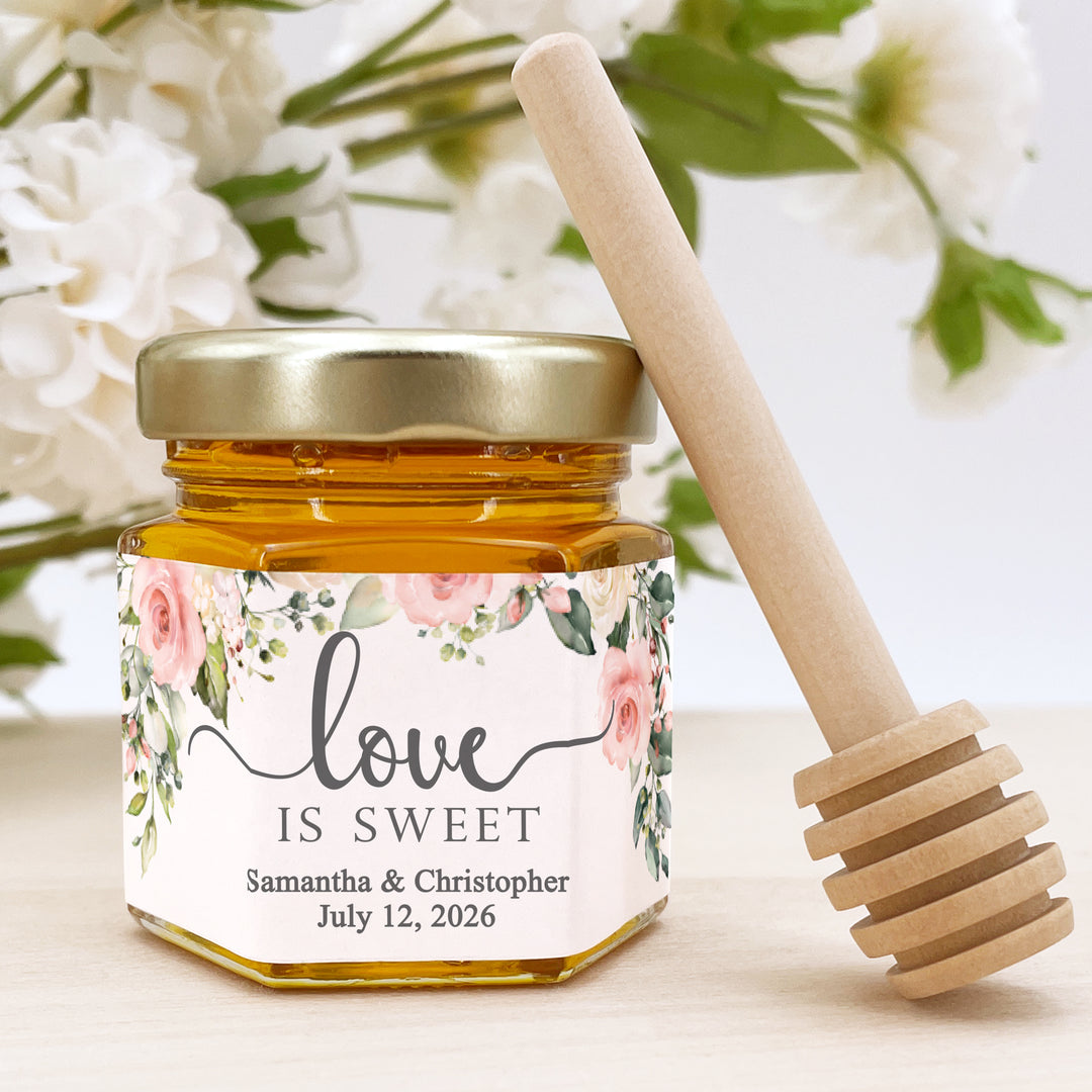 Honey Wedding Favors, Bee Themed Bridal Shower, Mini Honey Jar Favors, Love is Sweet, Pink & White