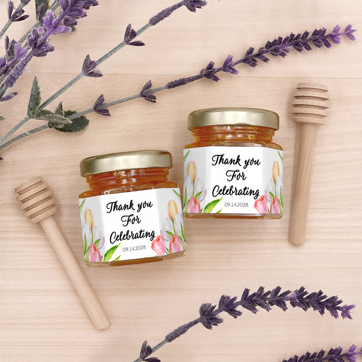 Honey Wedding Favors, Bee Themed Bridal Shower, Mini Honey Jar Favors, Watercolor Tulips