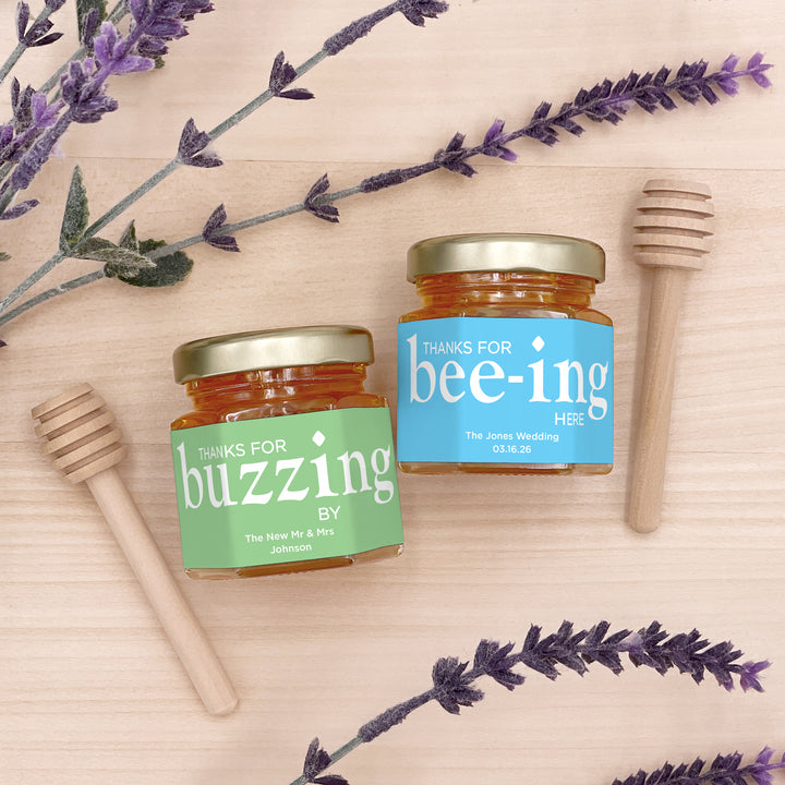 Honey Wedding Favors, Bee Themed Bridal Shower, Mini Honey Jar Favors, Thanks for Bee-ing Here