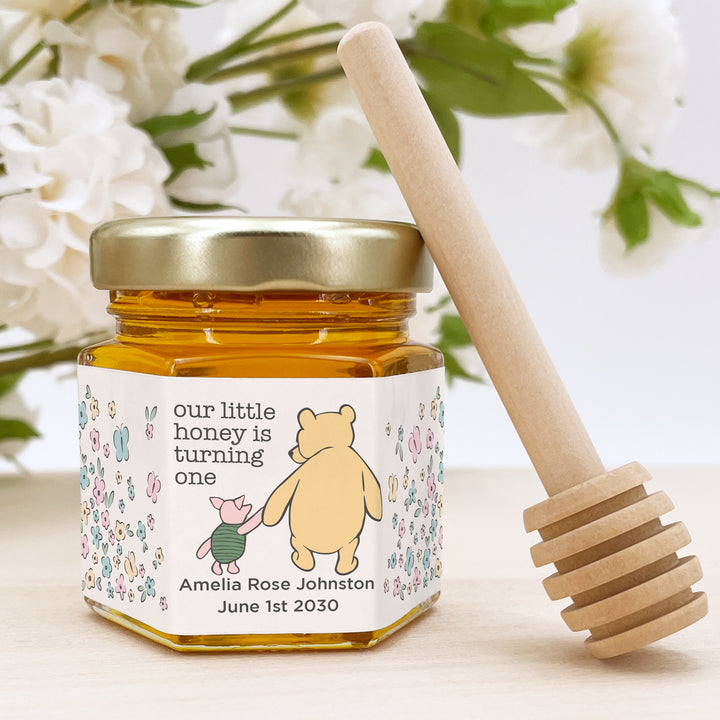Our Little Honey is Turning One, Winnie the Pooh and Piglet Birthday, Mini Honey Jar Favors