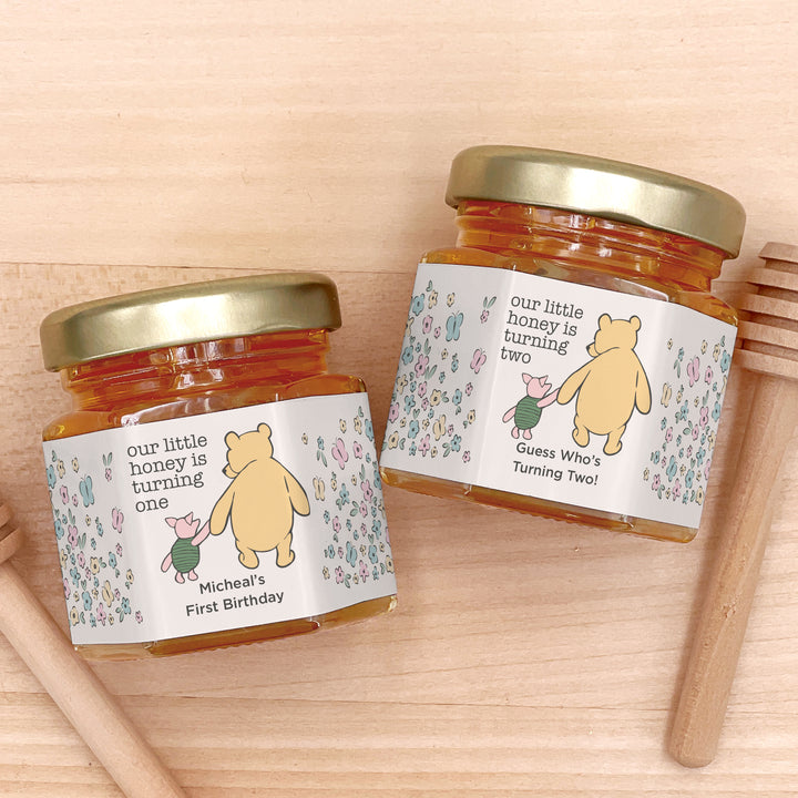 Our Little Honey is Turning One, Winnie the Pooh and Piglet Birthday, Mini Honey Jar Favors