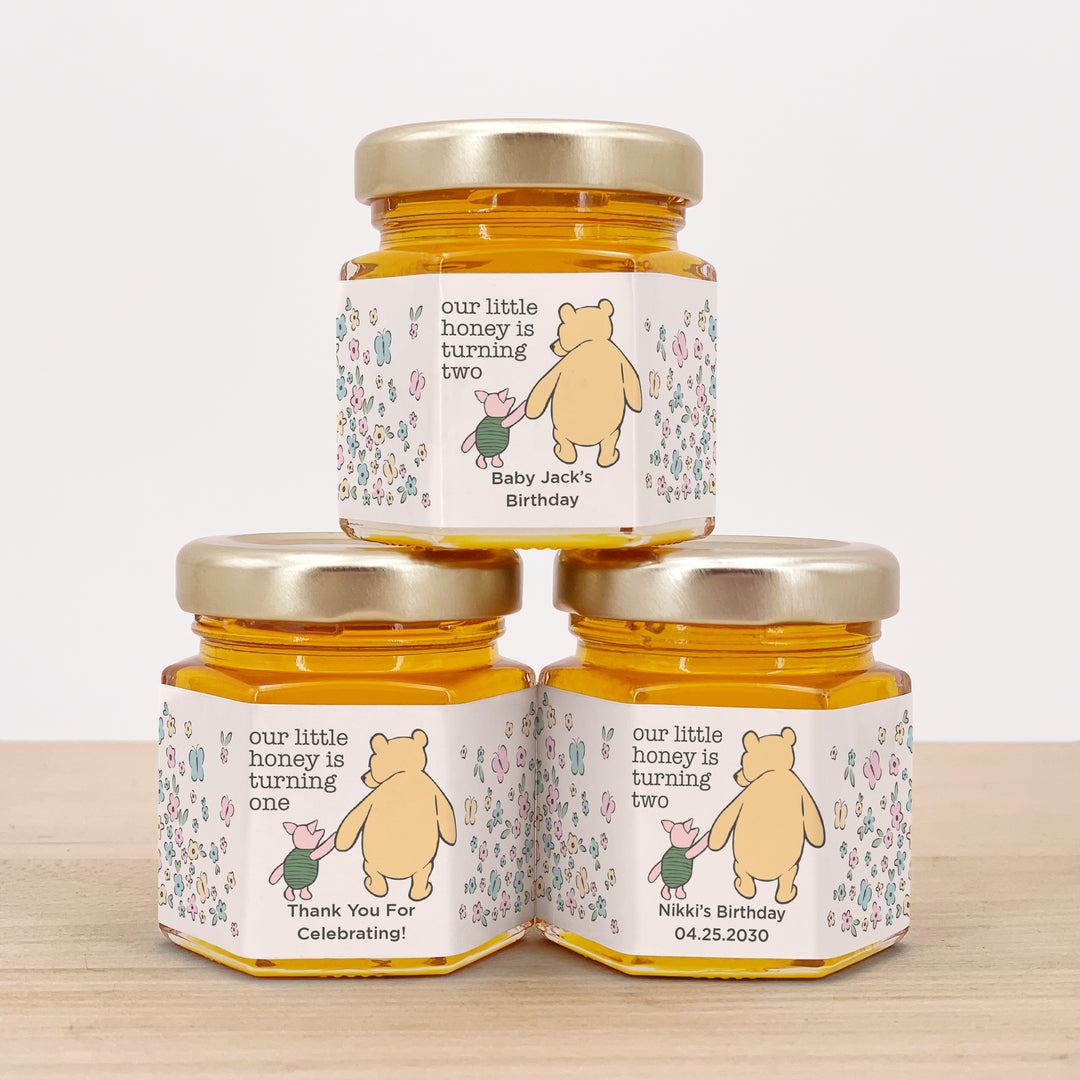 Our Little Honey is Turning One, Winnie the Pooh and Piglet Birthday, Mini Honey Jar Favors