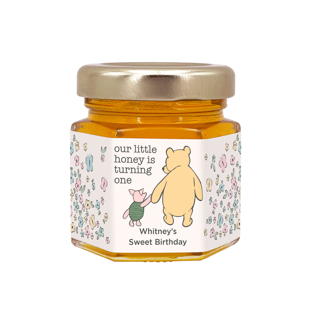 Our Little Honey is Turning One, Winnie the Pooh and Piglet Birthday, Mini Honey Jar Favors
