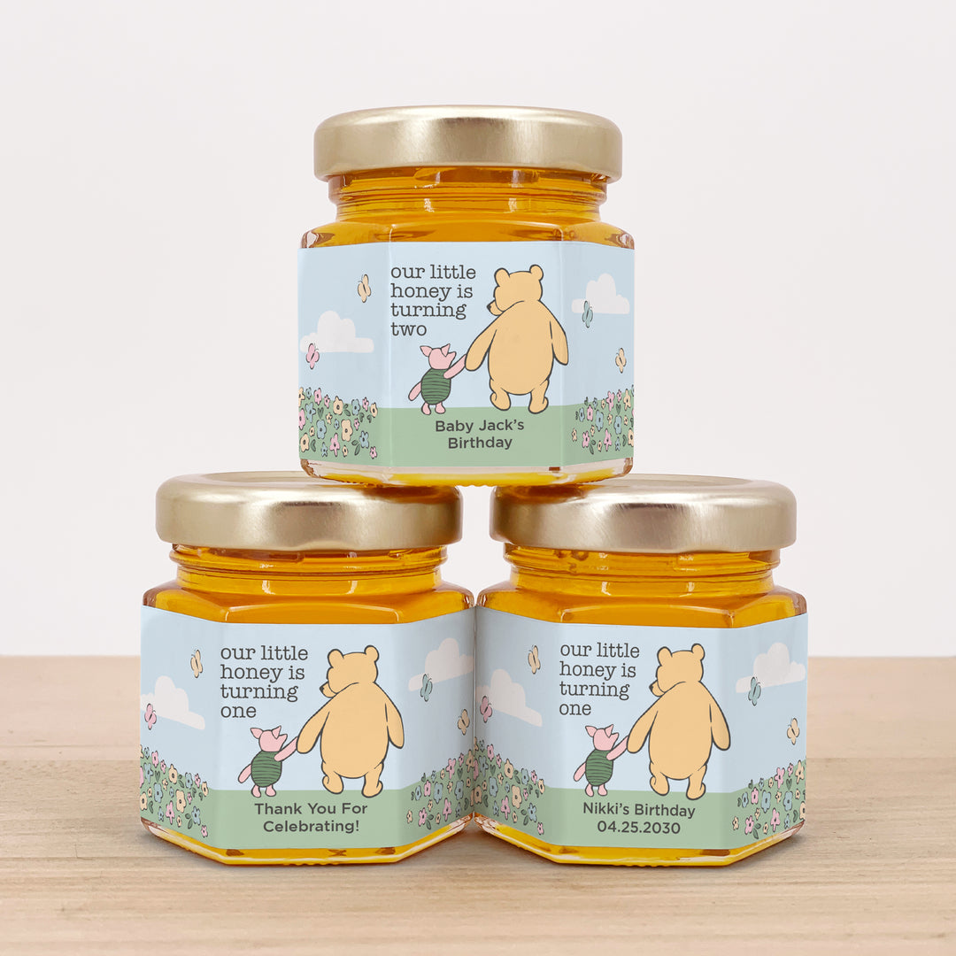 Our Little Honey is Turning One, Winnie the Pooh and Piglet Blue Skies Birthday, Mini Honey Jar Favors