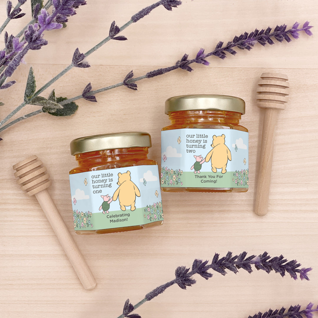 Our Little Honey is Turning One, Winnie the Pooh and Piglet Blue Skies Birthday, Mini Honey Jar Favors