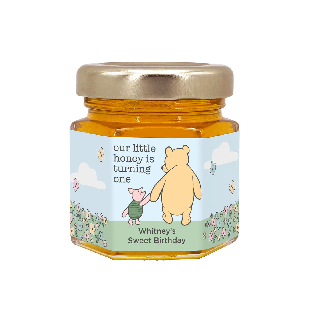 Our Little Honey is Turning One, Winnie the Pooh and Piglet Blue Skies Birthday, Mini Honey Jar Favors