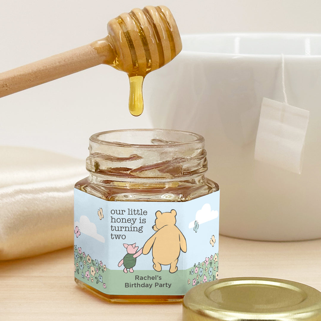 Our Little Honey is Turning One, Winnie the Pooh and Piglet Blue Skies Birthday, Mini Honey Jar Favors