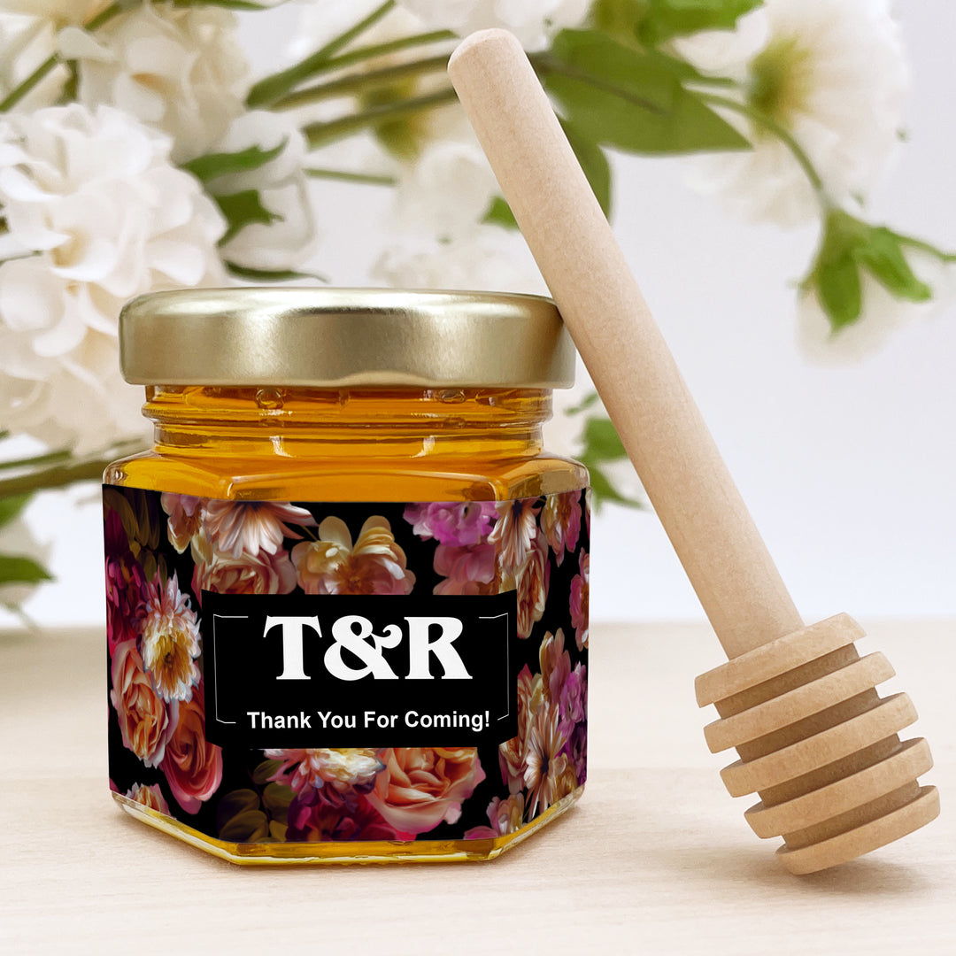 Honey Wedding Favors, Bridal Shower Favors, Dutch Florals, Dark Floral Honey