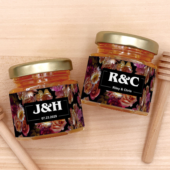 Honey Wedding Favors, Bridal Shower Favors, Dutch Florals, Dark Floral Honey