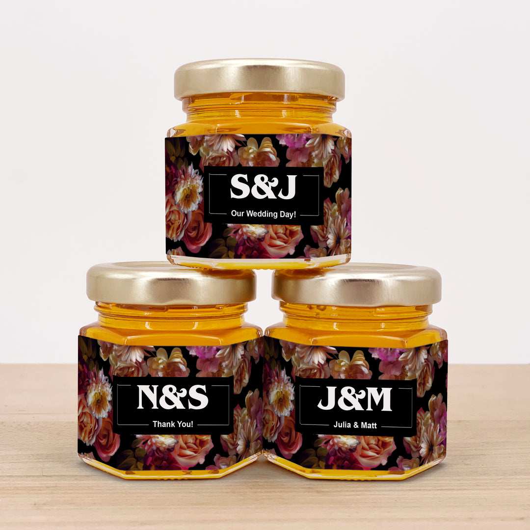 Honey Wedding Favors, Bridal Shower Favors, Dutch Florals, Dark Floral Honey