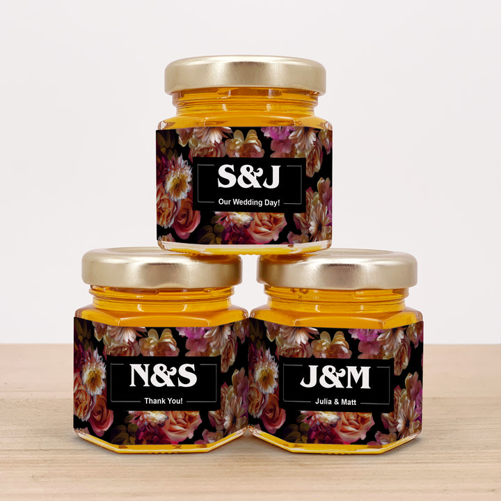 Honey Wedding Favors, Bridal Shower Favors, Dutch Florals, Dark Floral Honey
