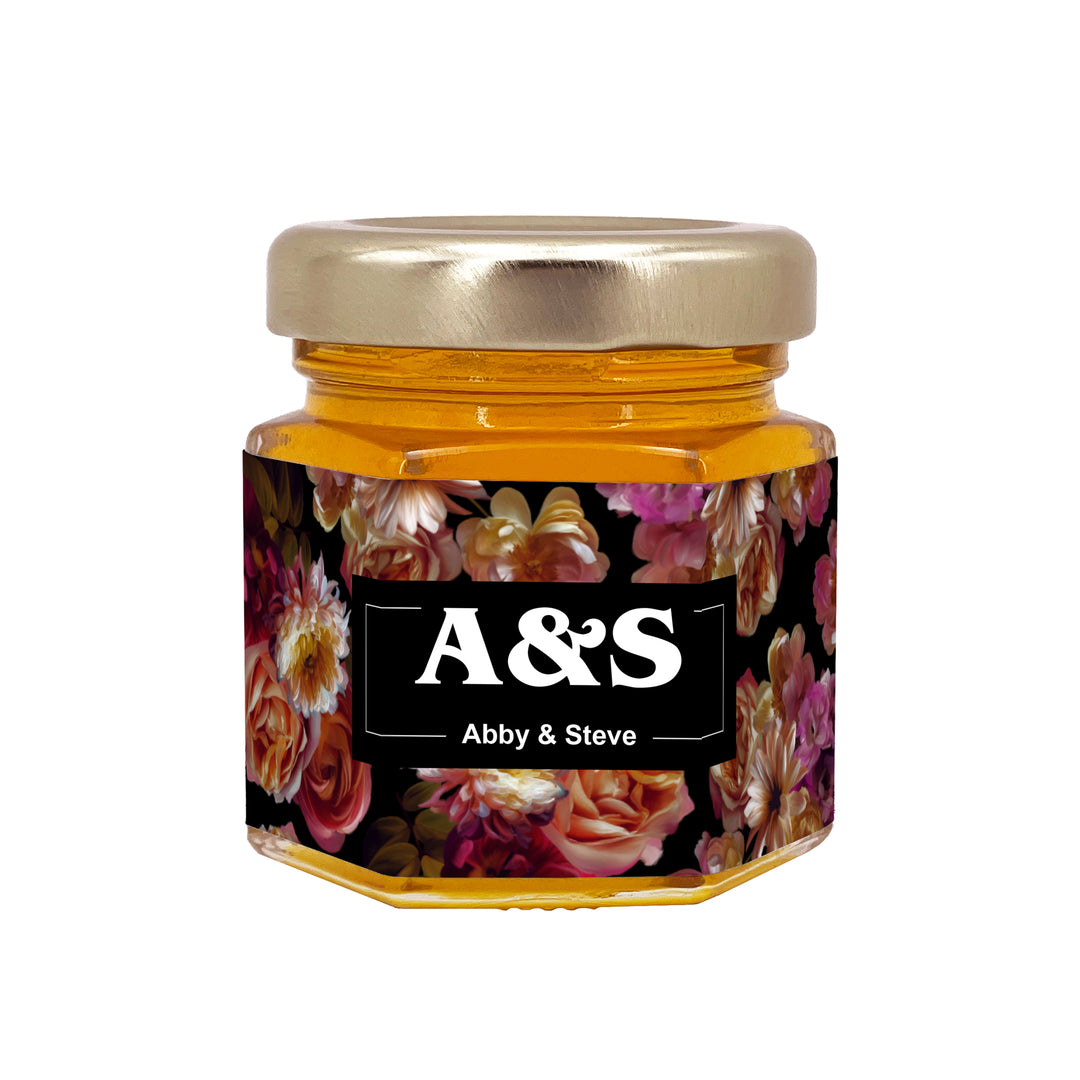 Honey Wedding Favors, Bridal Shower Favors, Dutch Florals, Dark Floral Honey