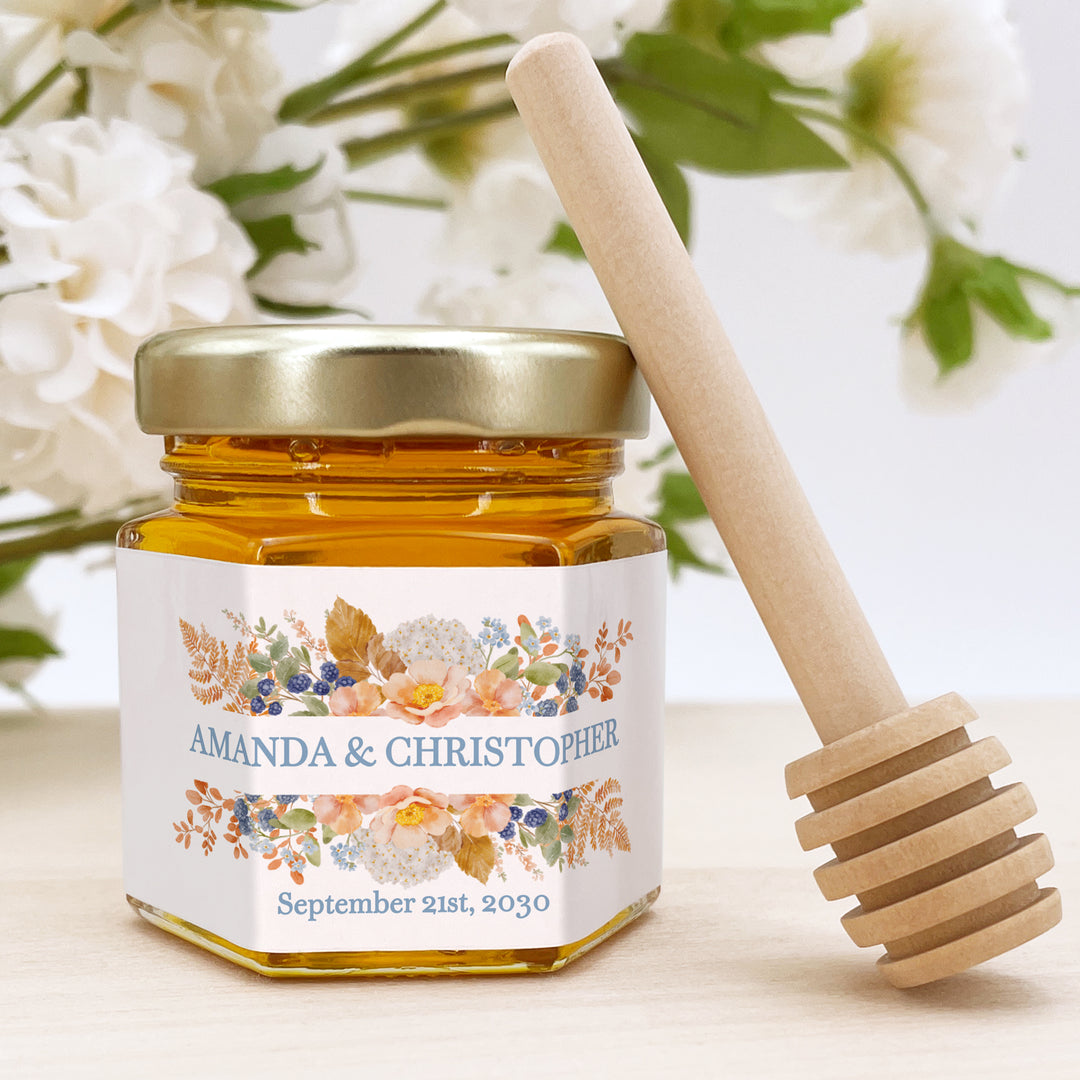 Honey Wedding Favors, Fall Wedding Honey, Peach &amp; Blue Florals