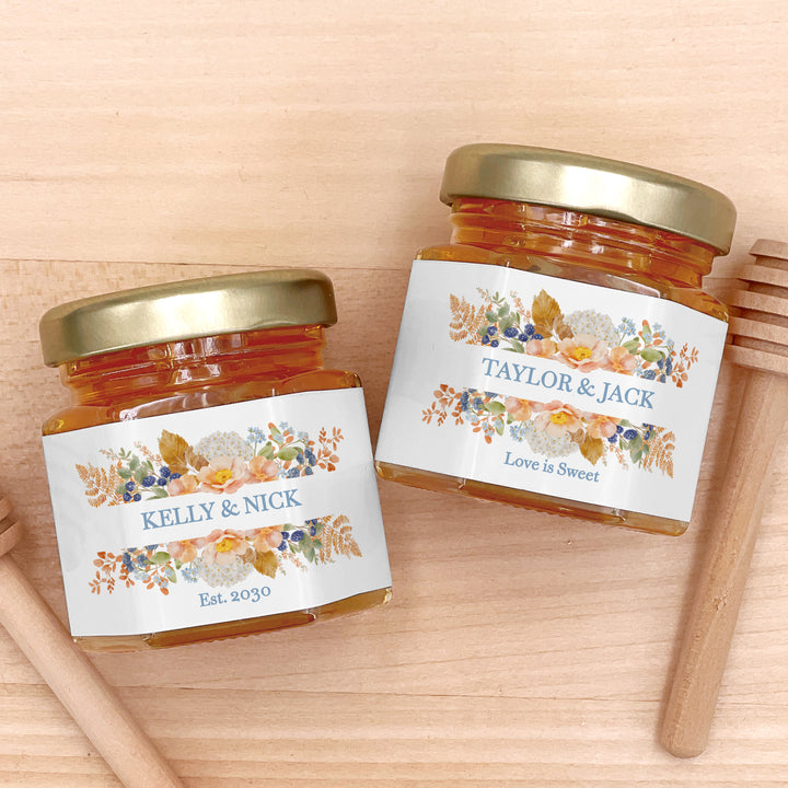 Honey Wedding Favors, Fall Wedding Honey, Peach &amp; Blue Florals