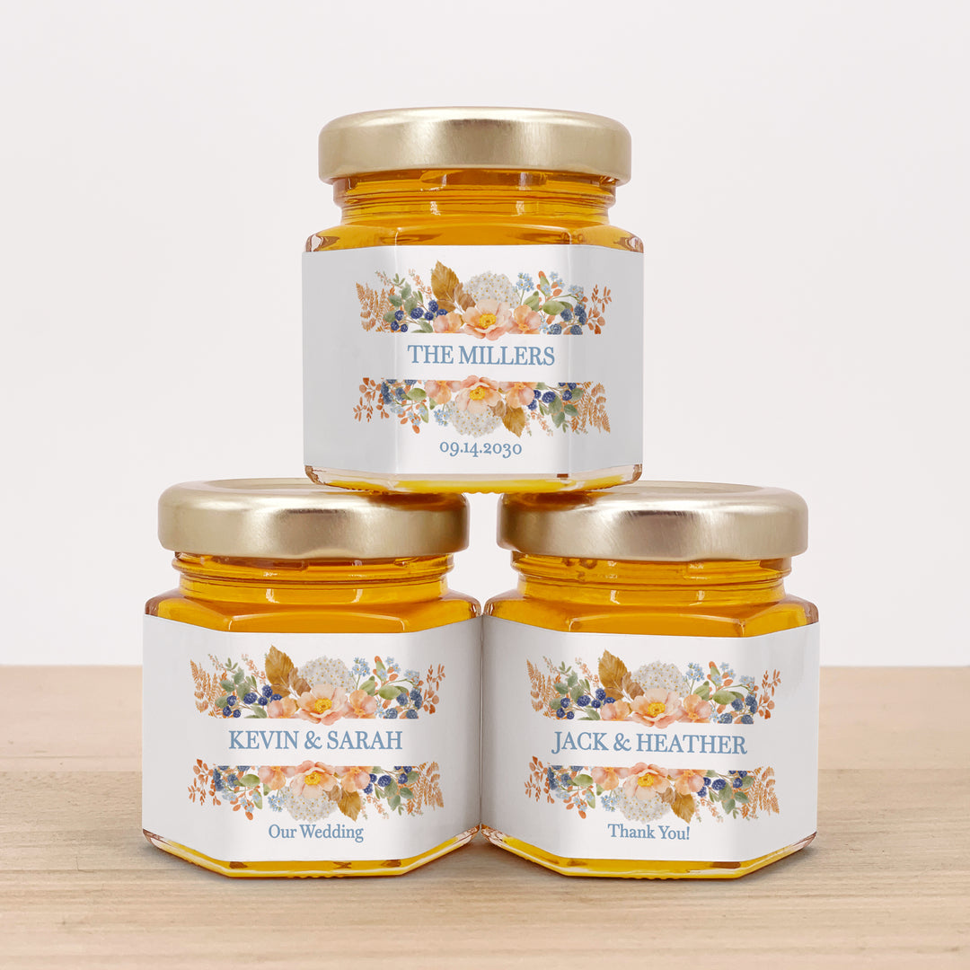 Honey Wedding Favors, Fall Wedding Honey, Peach &amp; Blue Florals