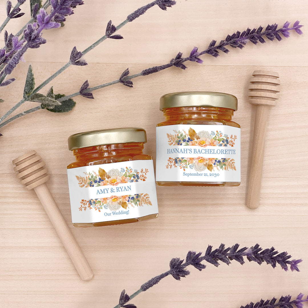 Honey Wedding Favors, Fall Wedding Honey, Peach &amp; Blue Florals