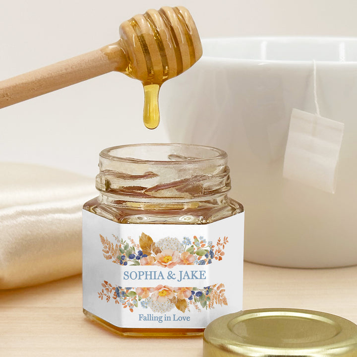 Honey Wedding Favors, Fall Wedding Honey, Peach &amp; Blue Florals