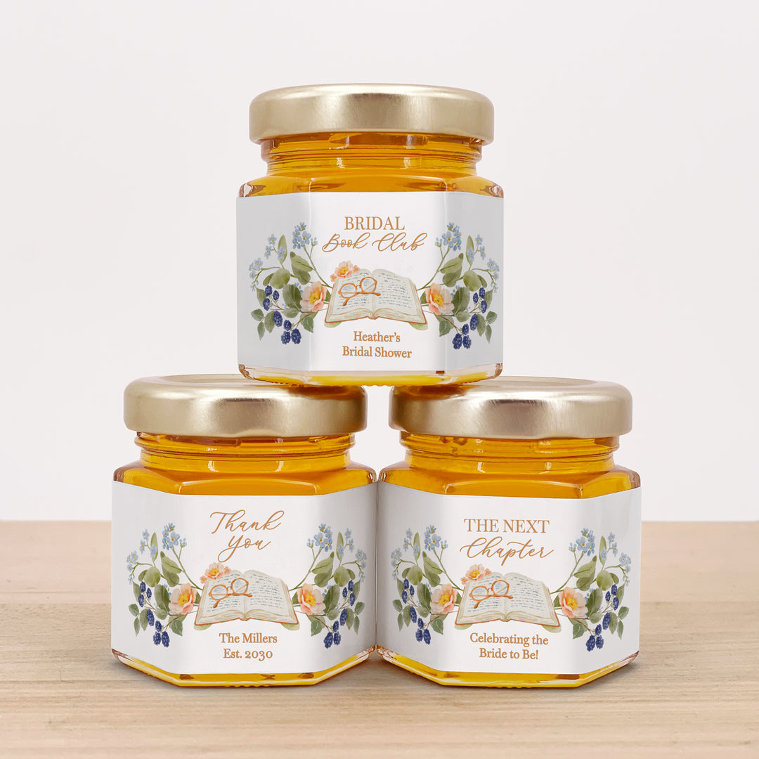 Book Themed Mini Honey Jar Favors, A New Chapter Begins Party Favors for Book Clubs, Weddings &amp; Bridal Showers