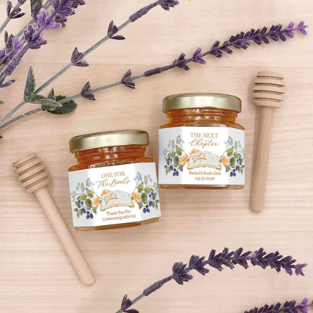 Book Themed Mini Honey Jar Favors, A New Chapter Begins Party Favors for Book Clubs, Weddings &amp; Bridal Showers