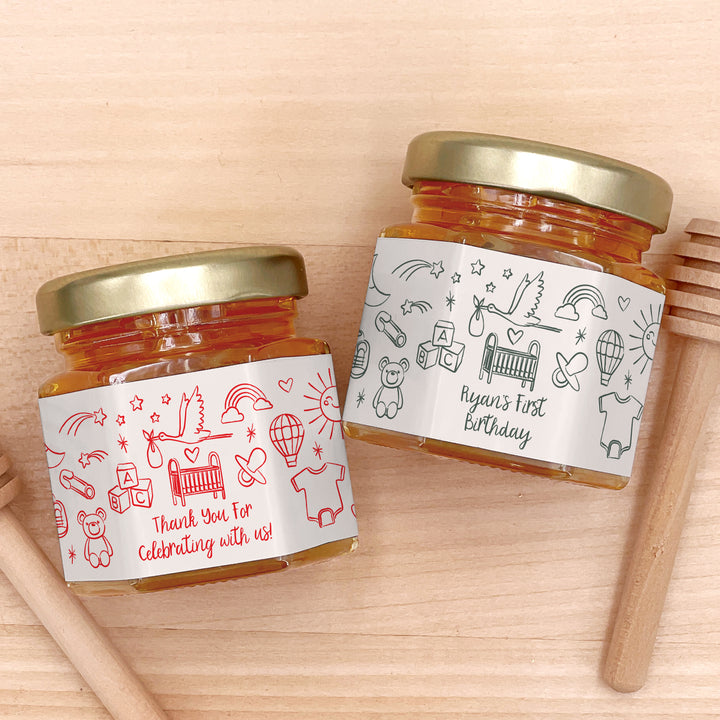 Honey Baby Shower Favors, Hand Drawn Baby Shower Icon Pattern Sketch