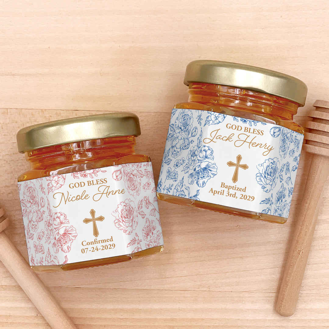 Baptism Wedding Favors, First Communion Favors, Chinoiserie Toile Baptism Honey