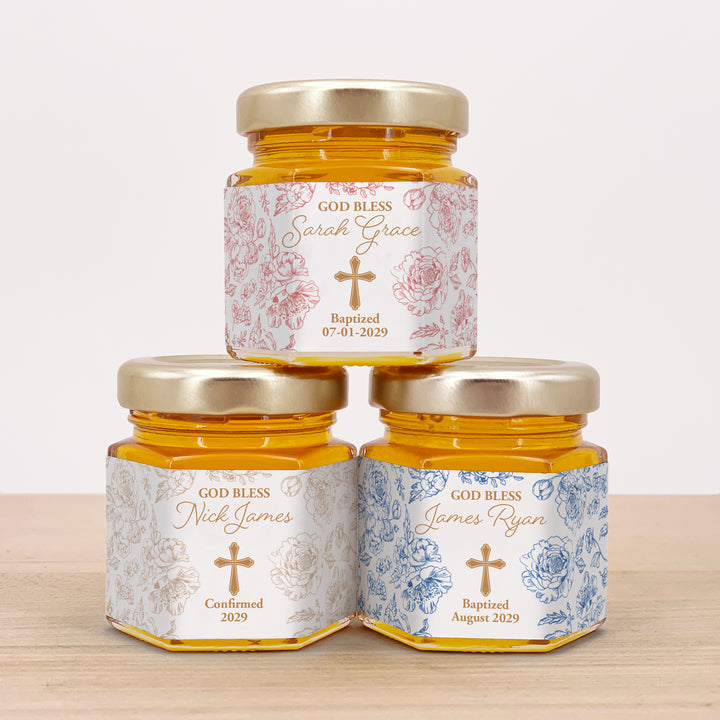 Baptism Wedding Favors, First Communion Favors, Chinoiserie Toile Baptism Honey