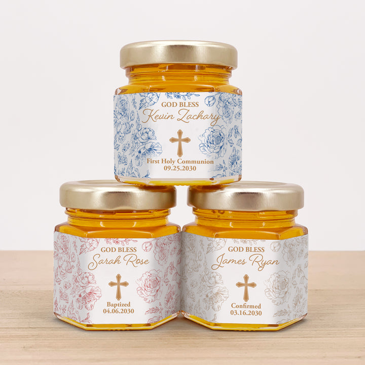 Baptism Wedding Favors, First Communion Favors, Chinoiserie Toile Baptism Honey