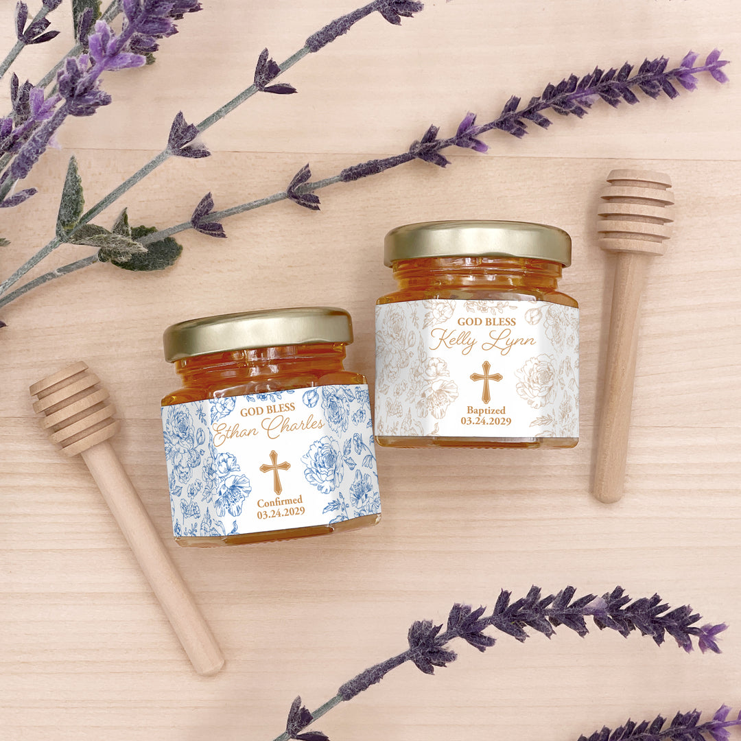 Baptism Wedding Favors, First Communion Favors, Chinoiserie Toile Baptism Honey
